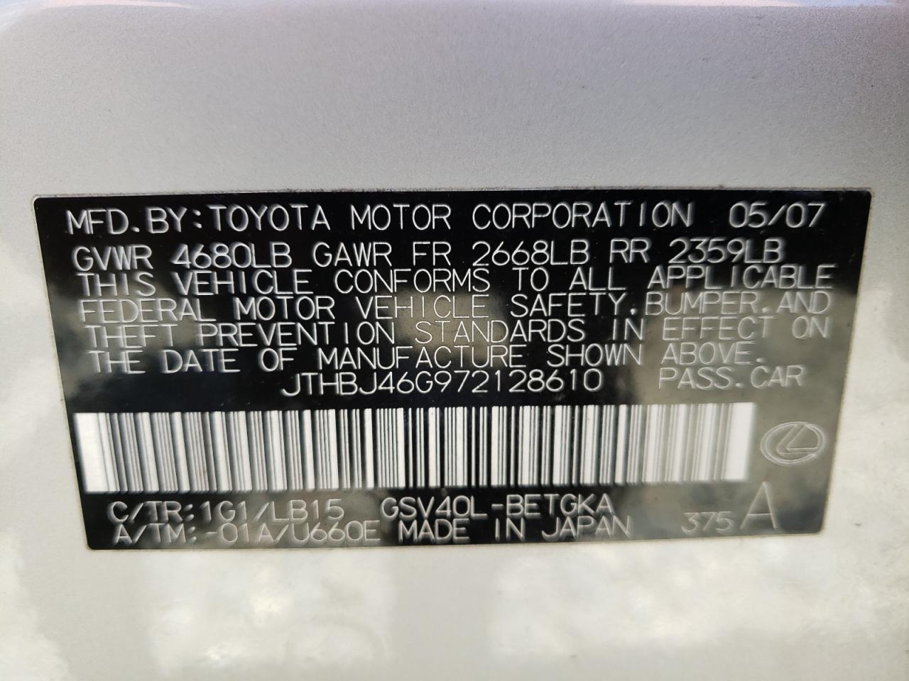 Zdjęcie 10 z aukcji – 2007 LEXUS ES 350 z VIN JTHBJ46G972128610