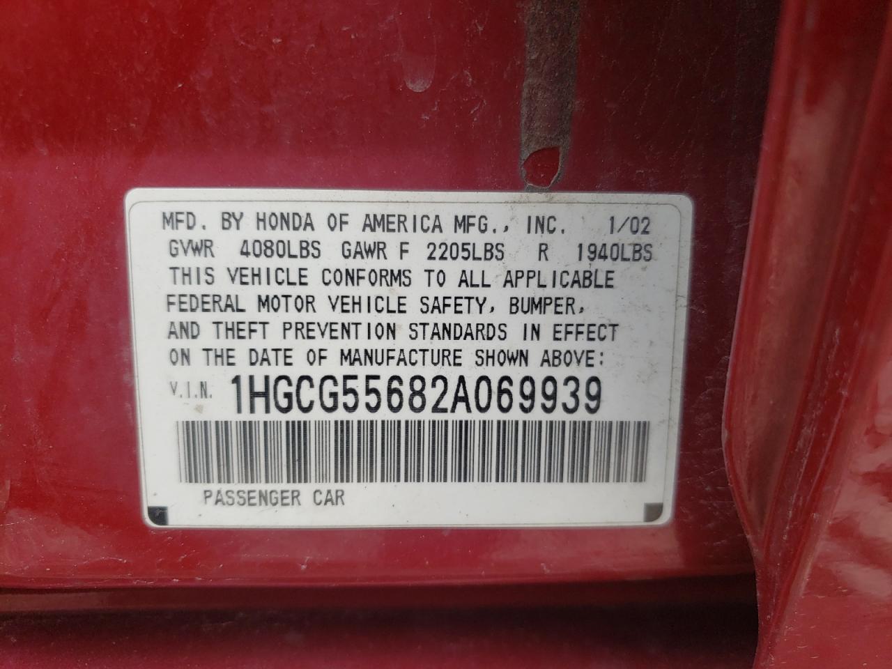 Photo 10 from auction – 2002 HONDA ACCORD EX with VIN 1HGCG55682A069939