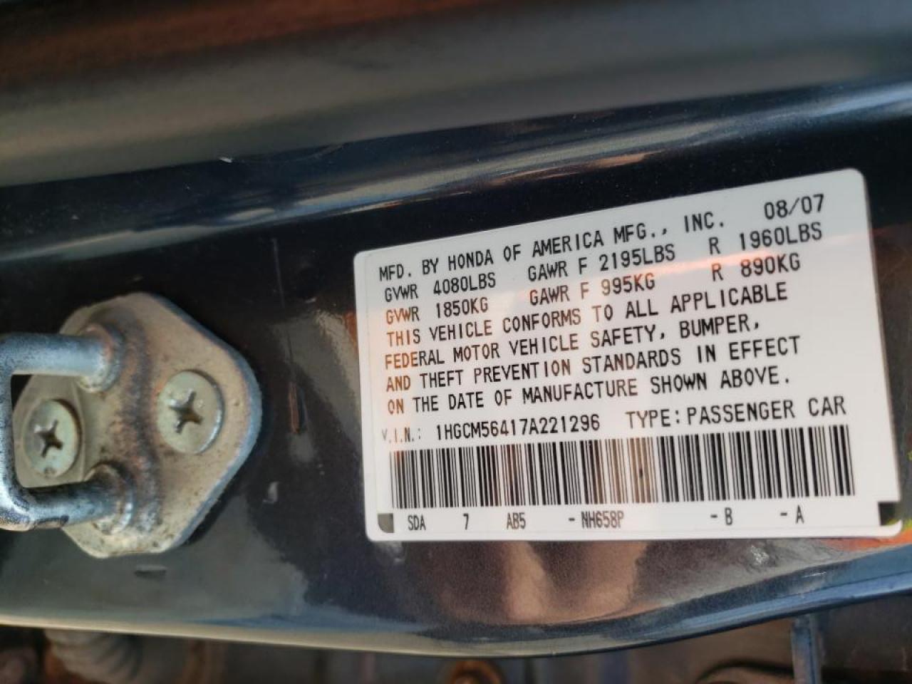 Photo 10 from auction – 2007 HONDA ACCORD with VIN 1HGCM56417A221296