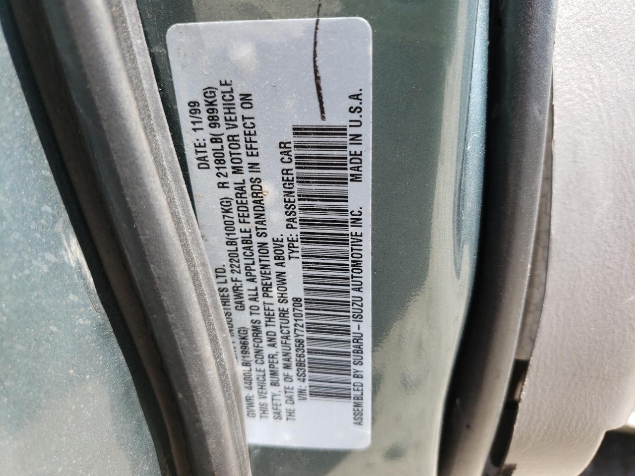 Photo 10 from auction – 2000 SUBARU LEGACY L with VIN 4S3BE6358Y7210708