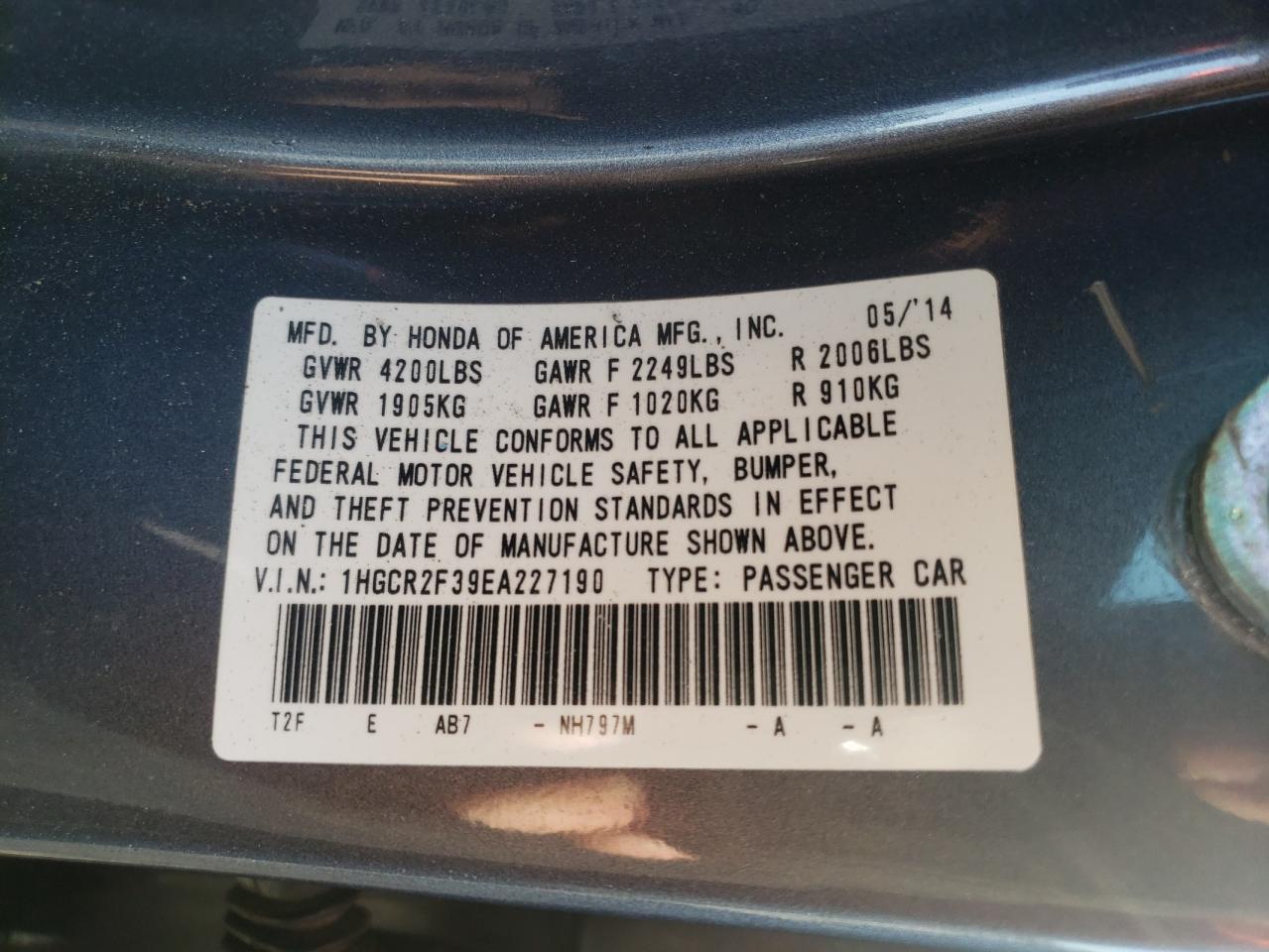 Photo 10 from auction – 2014 HONDA ACCORD LX with VIN 1HGCR2F39EA227190