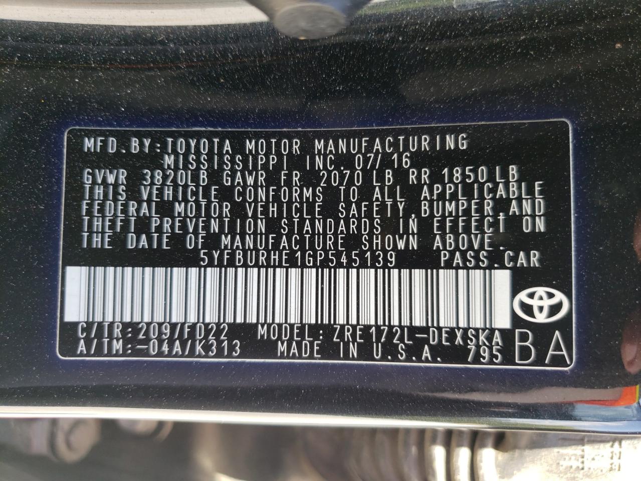 Photo 10 from auction – 2016 TOYOTA COROLLA L with VIN 5YFBURHE1GP545139