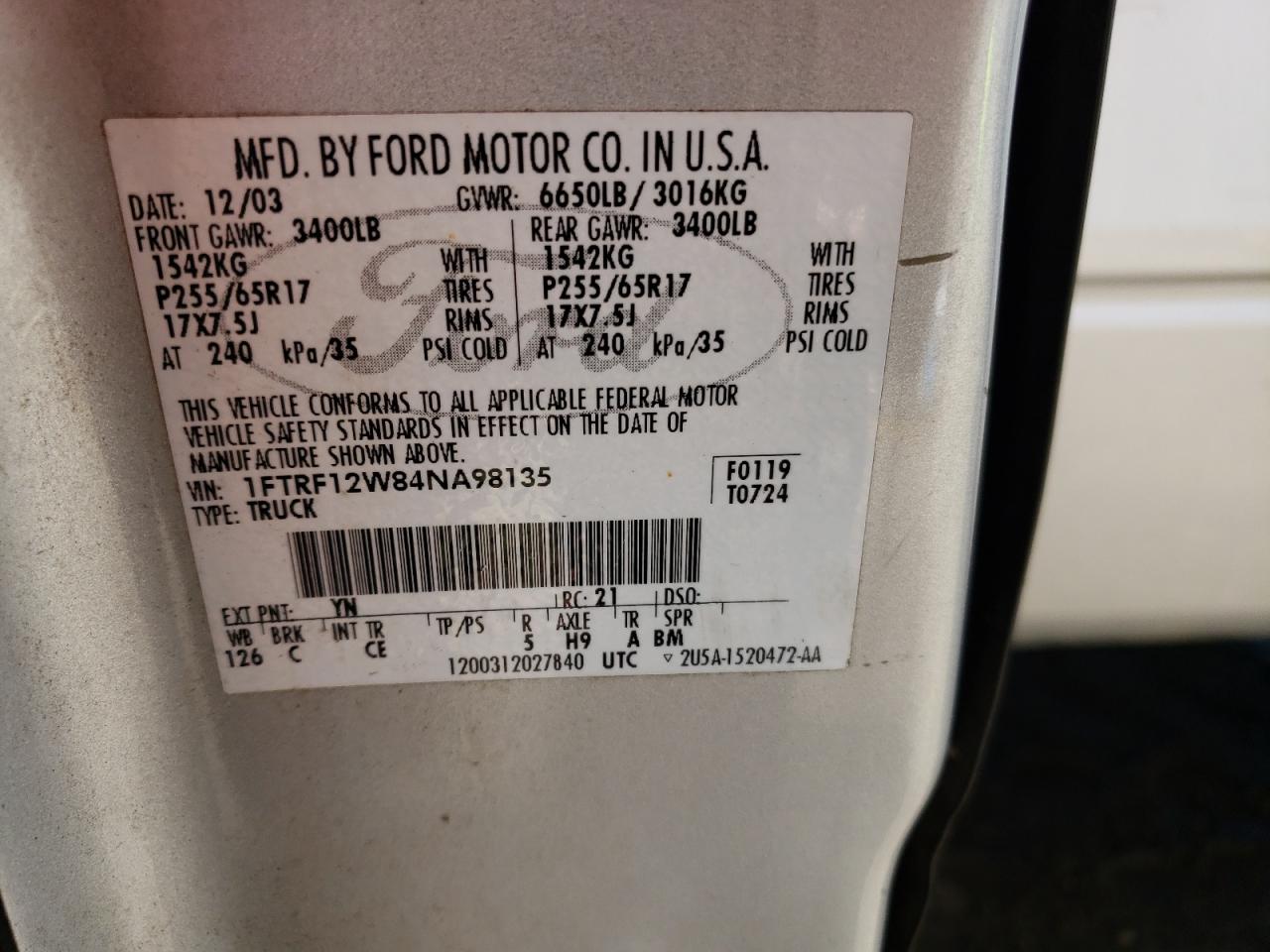 Photo 10 from auction – 2004 FORD F150 with VIN 1FTRF12W84NA98135
