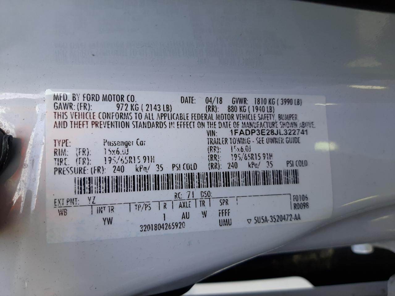 Foto 10 de la subasta – 2018 FORD FOCUS S con VIN 1FADP3E28JL322741