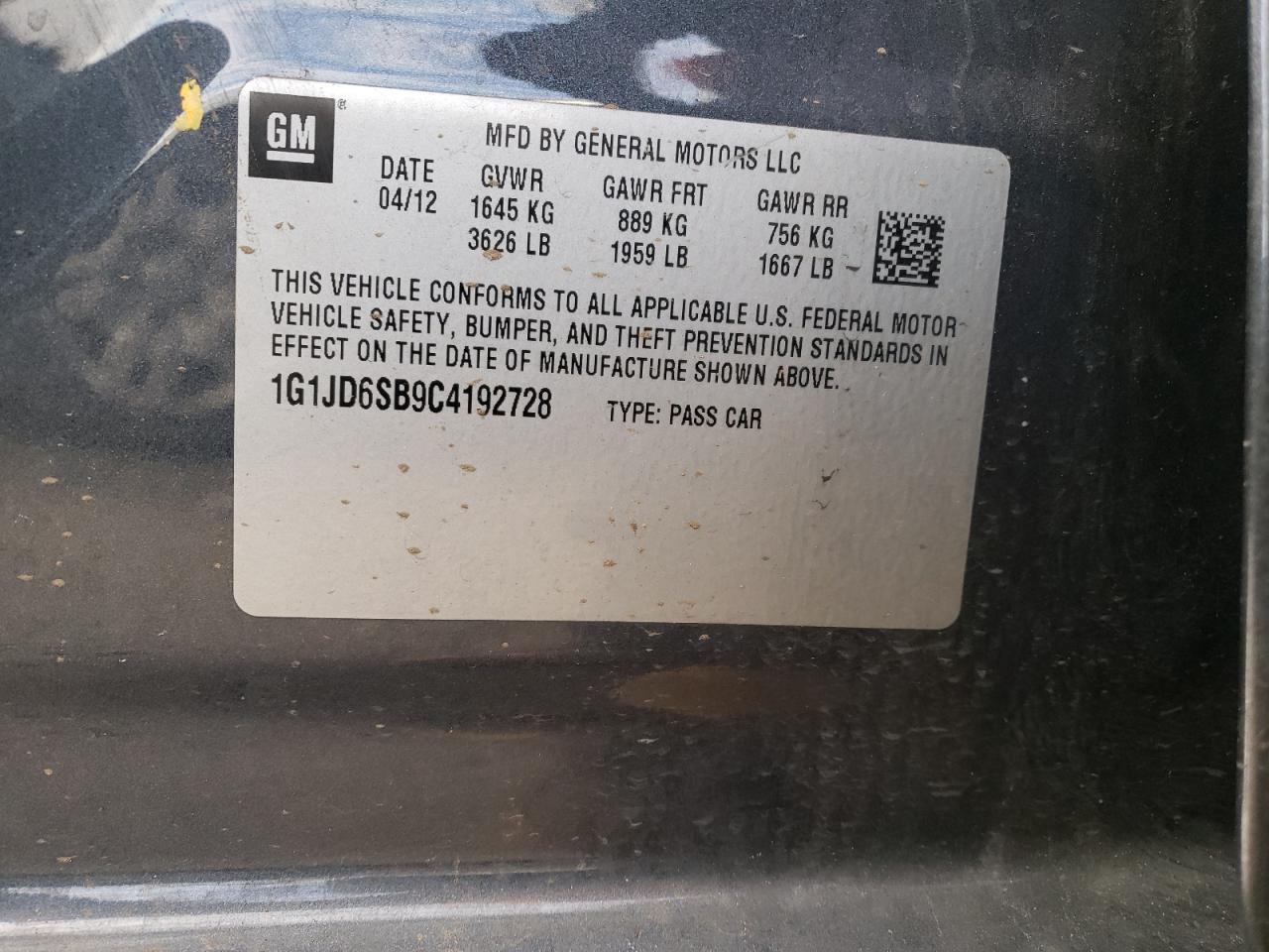 Photo 10 from auction – 2012 CHEVROLET SONIC LT with VIN 1G1JD6SB9C4192728