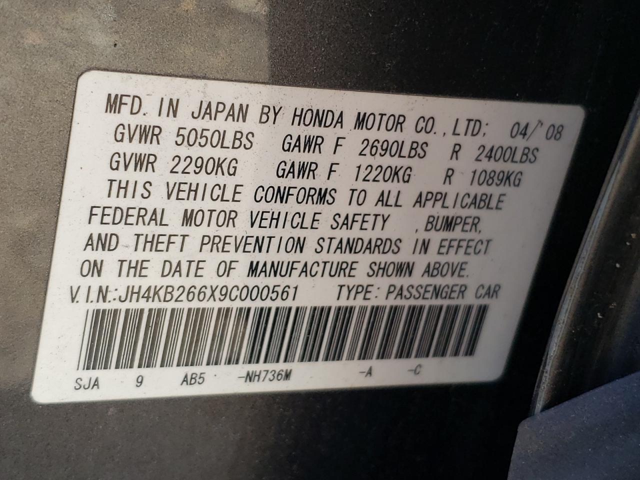 Photo 10 from auction – 2009 ACURA RL with VIN JH4KB266X9C000561