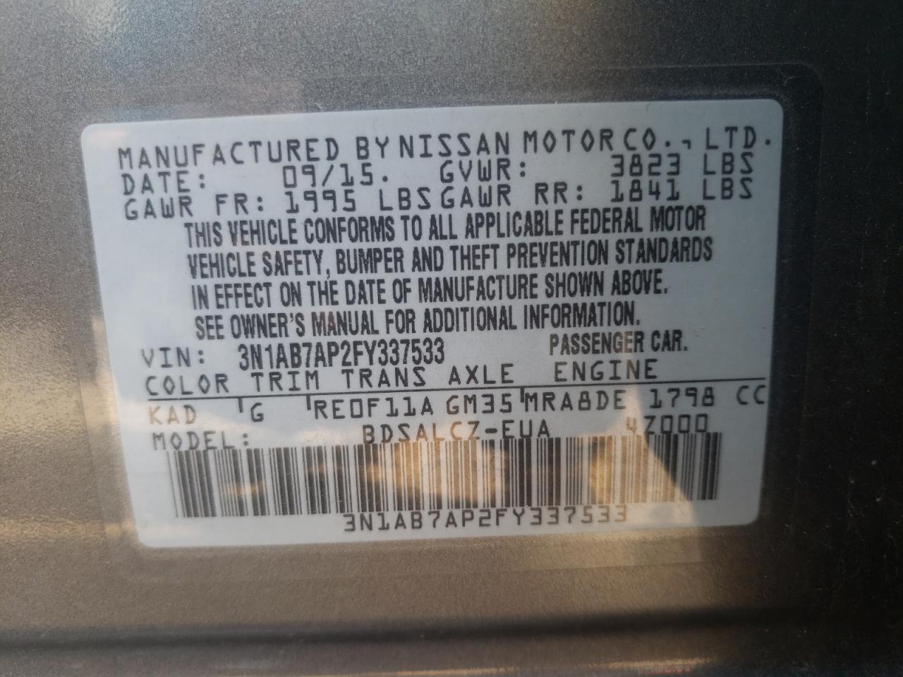 Photo 10 from auction – 2015 NISSAN SENTRA S with VIN 3N1AB7AP2FY337533