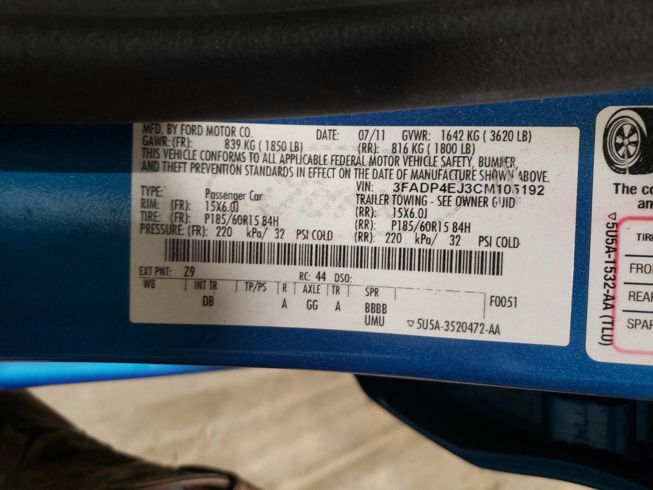 Photo 10 from auction – 2012 FORD FIESTA SE with VIN 3FADP4EJ3CM105192