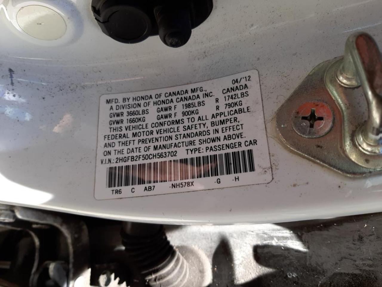 Photo 10 from auction – 2012 HONDA CIVIC LX with VIN 2HGFB2F50CH563702
