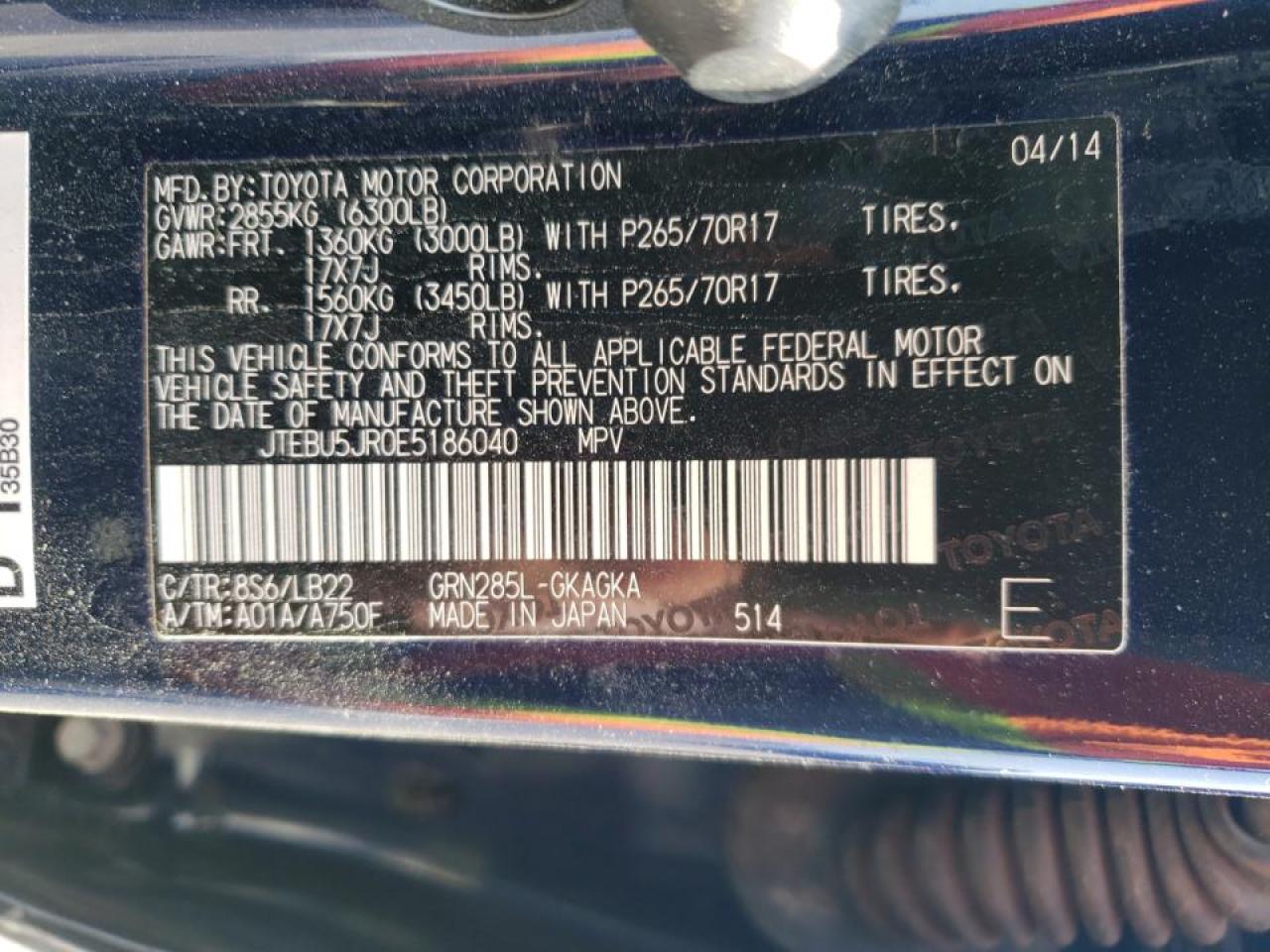 Photo 10 from auction – 2014 TOYOTA 4RUNNER SR with VIN JTEBU5JR0E5186040