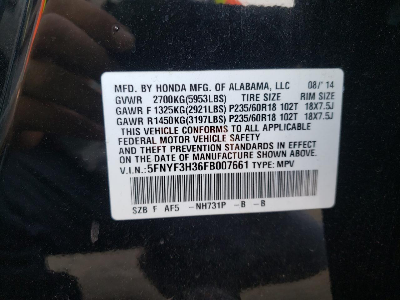 Photo 10 from auction – 2015 HONDA PILOT SE with VIN 5FNYF3H36FB007661