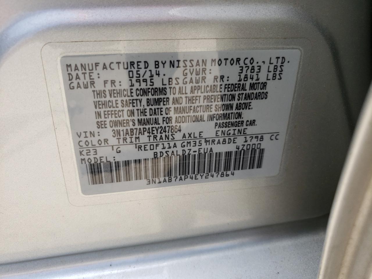 Photo 10 from auction – 2014 NISSAN SENTRA S with VIN 3N1AB7AP4EY247864