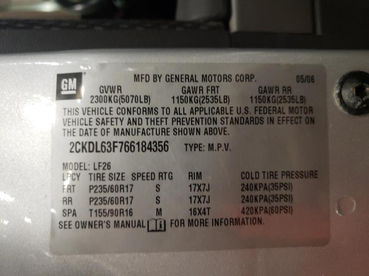 Photo 10 from auction – 2006 PONTIAC TORRENT with VIN 2CKDL63F766184356