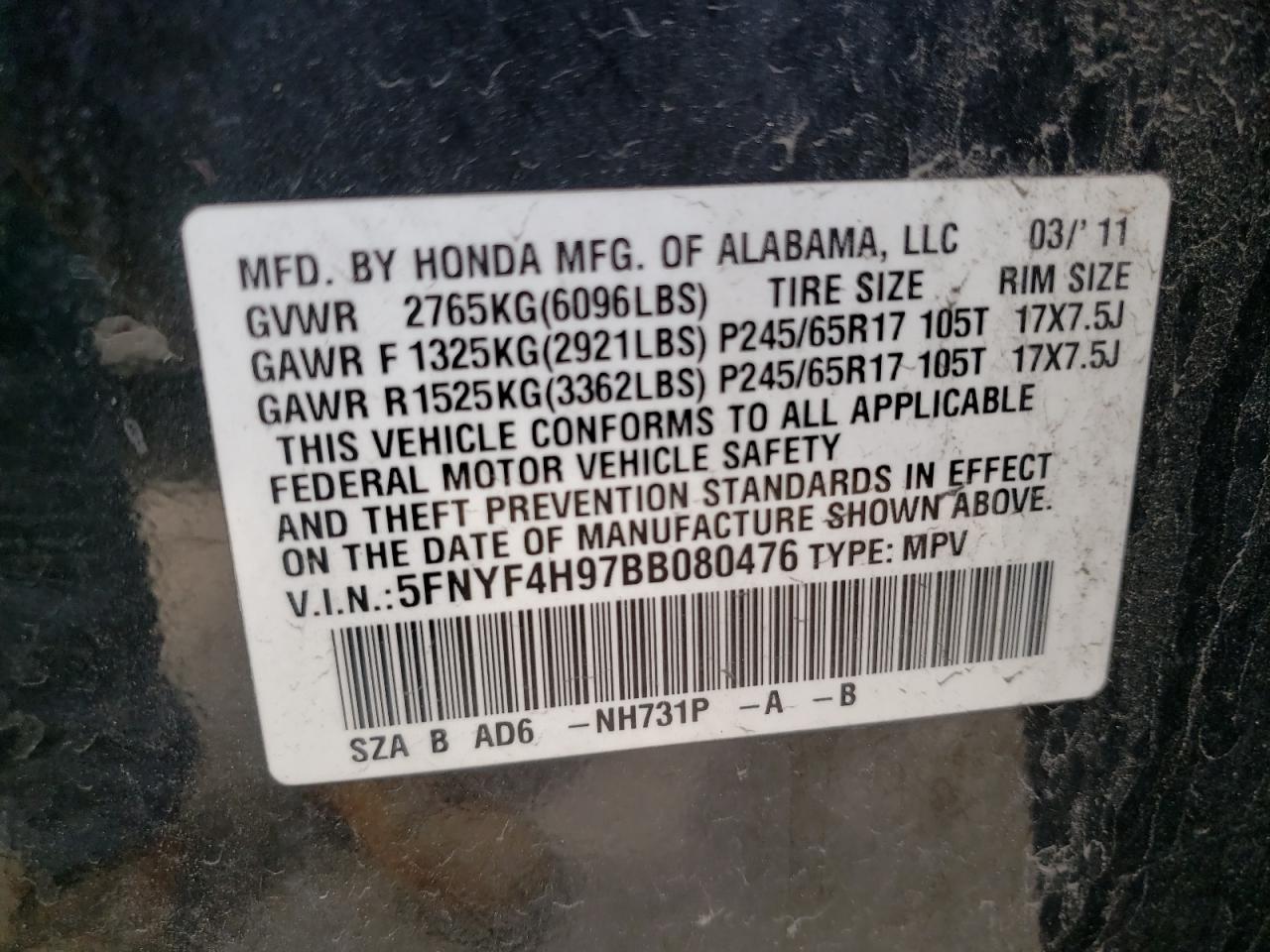 Photo 11 from auction – 2011 HONDA PILOT TOUR with VIN 5FNYF4H97BB080476