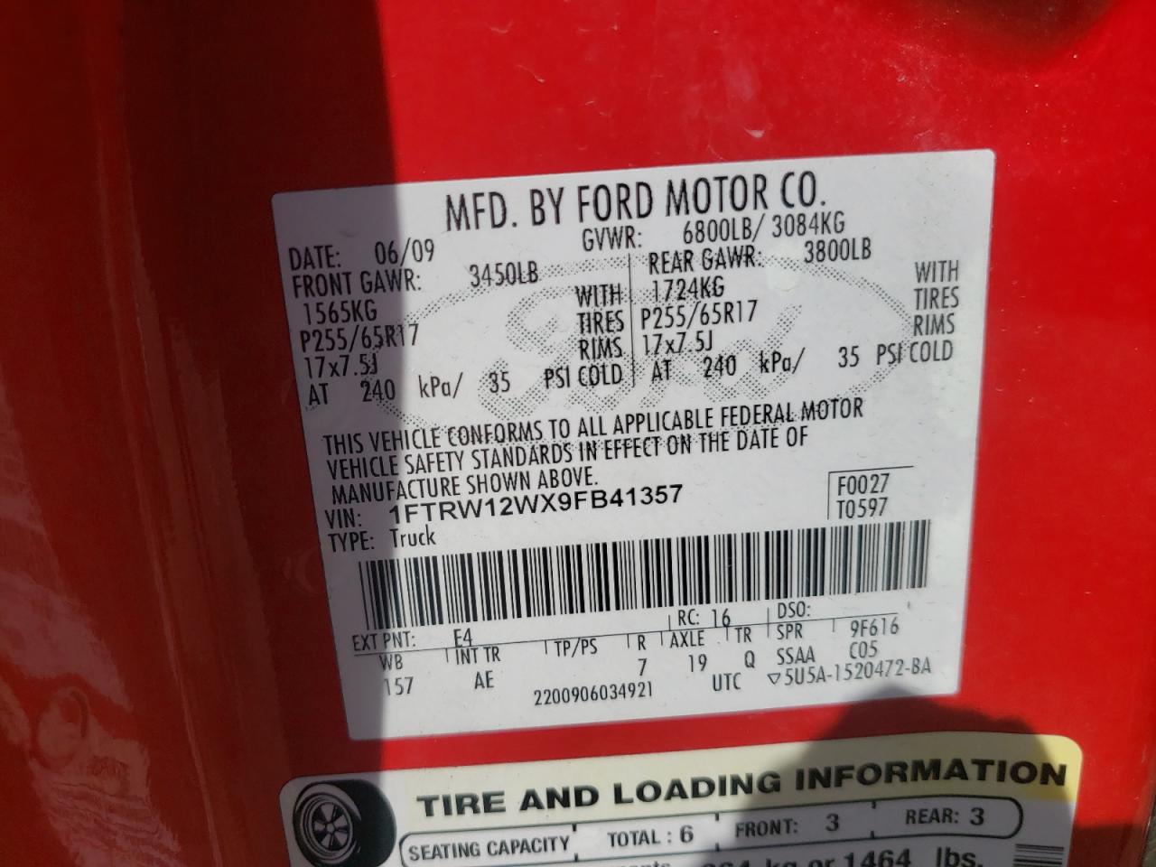 Photo 10 from auction – 2009 FORD F150 SUPER with VIN 1FTRW12WX9FB41357