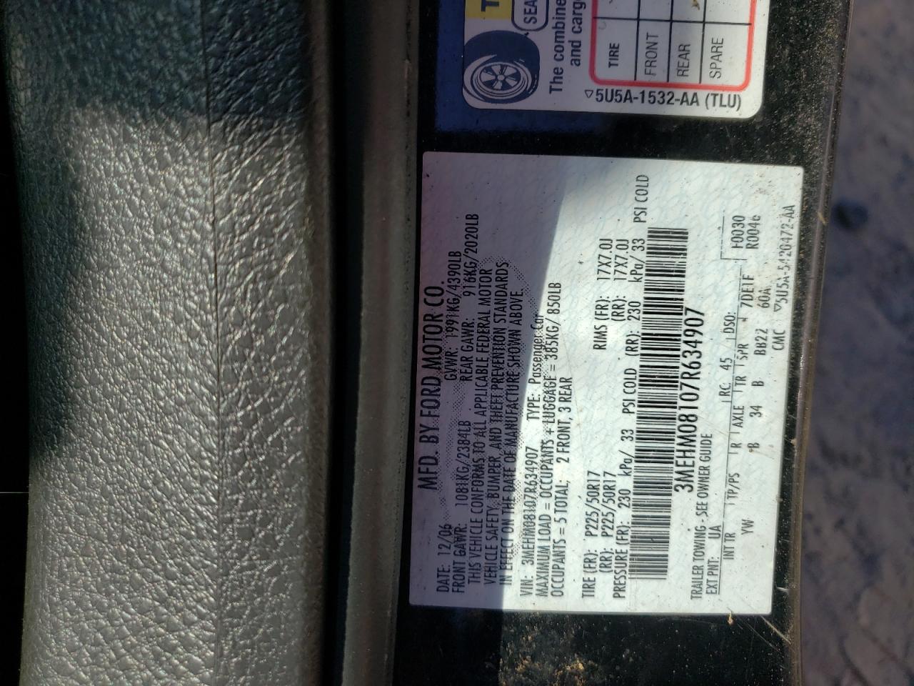 Photo 10 from auction – 2007 MERCURY MILAN PREM with VIN 3MEHM08107R634907