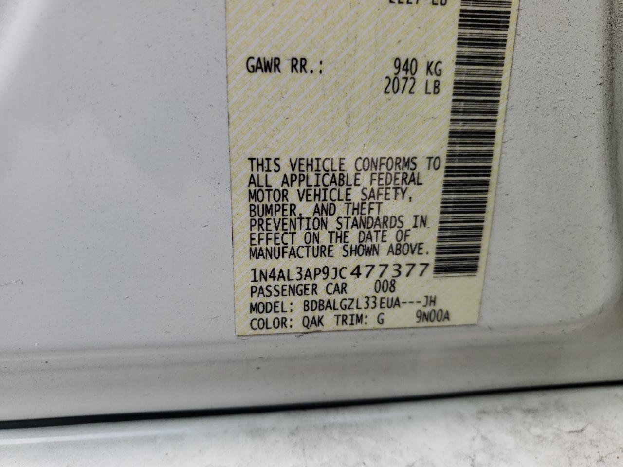 Photo 10 from auction – 2018 NISSAN ALTIMA 2.5 with VIN 1N4AL3AP9JC477377