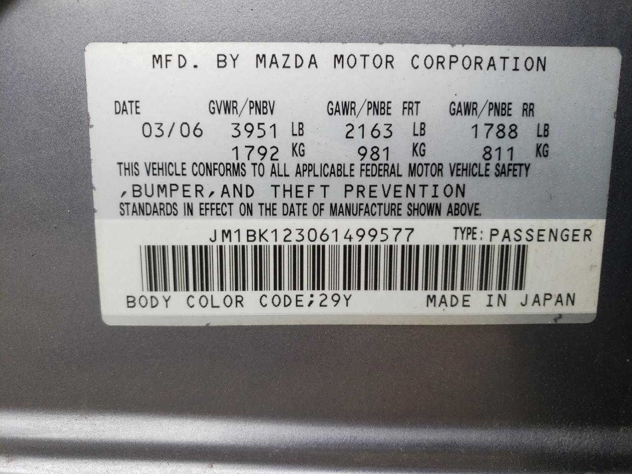 Photo 10 from auction – 2006 MAZDA 3 S with VIN JM1BK123061499577