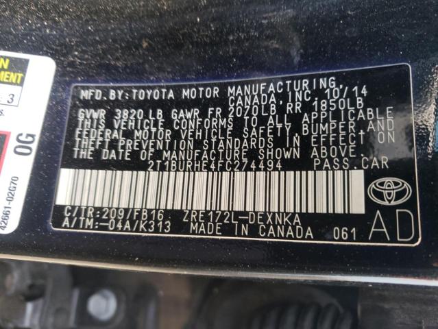Photo 10 from auction – 2015 TOYOTA COROLLA L with VIN 2T1BURHE4FC274494