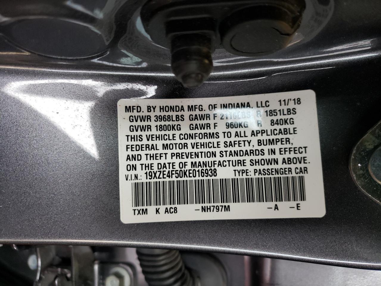 Photo 10 from auction – 2019 HONDA INSIGHT EX with VIN 19XZE4F50KE016938