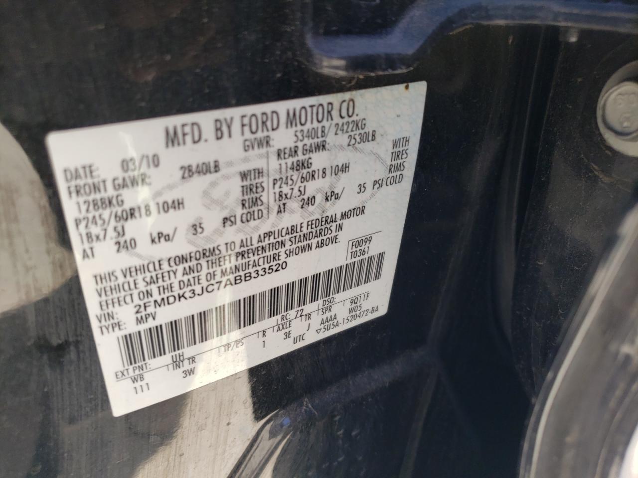 Photo 10 from auction – 2010 FORD EDGE SEL with VIN 2FMDK3JC7ABB33520