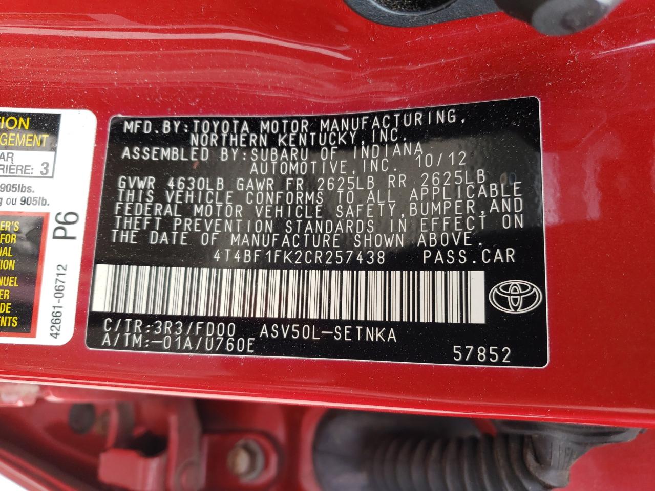 Photo 10 from auction – 2012 TOYOTA CAMRY BASE with VIN 4T4BF1FK2CR257438