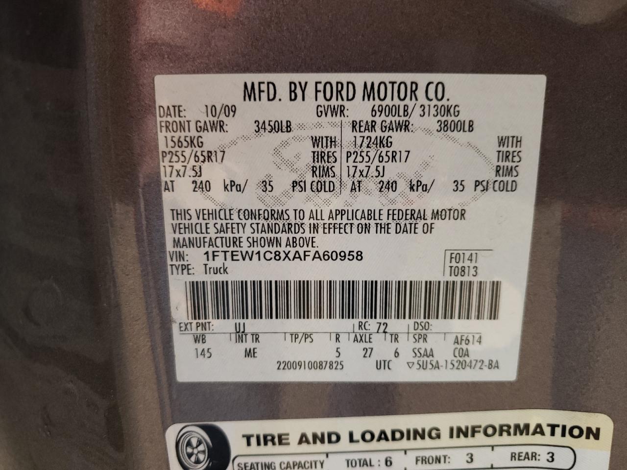 Photo 10 from auction – 2010 FORD F150 SUPER with VIN 1FTEW1C8XAFA60958