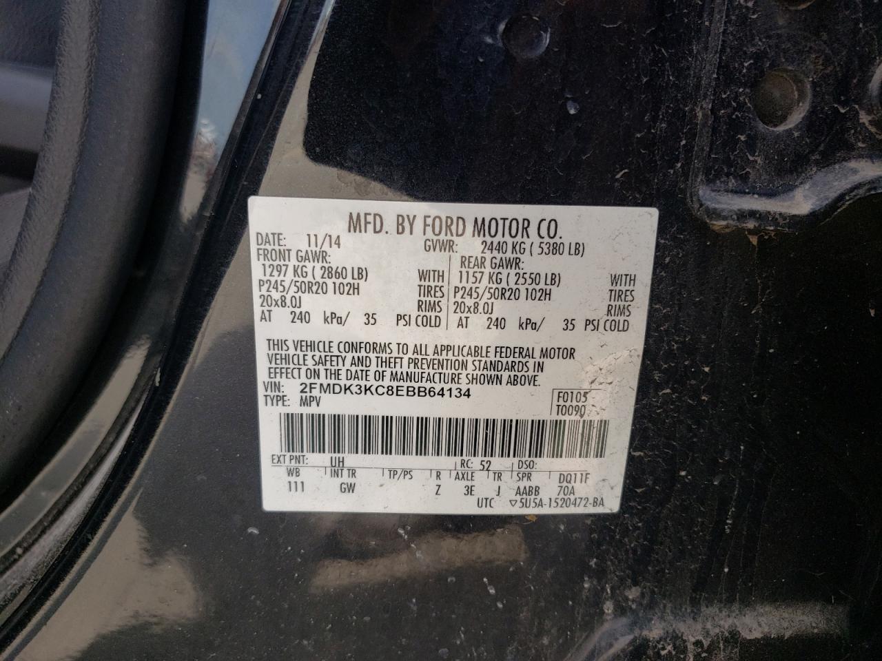 Photo 10 from auction – 2014 FORD EDGE LIMIT with VIN 2FMDK3KC8EBB64134