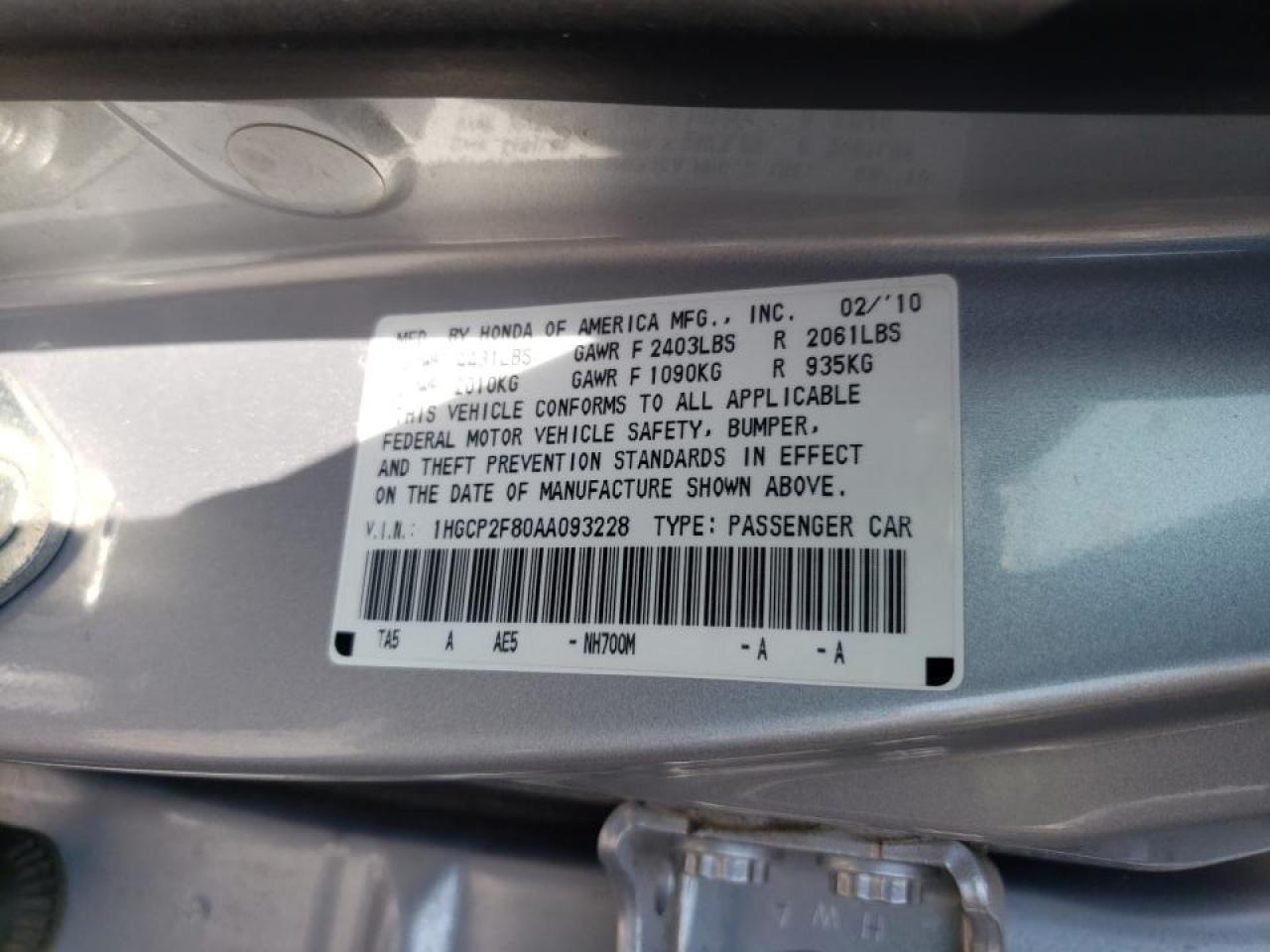 Photo 10 from auction – 2010 HONDA ACCORD EXL with VIN 1HGCP2F80AA093228