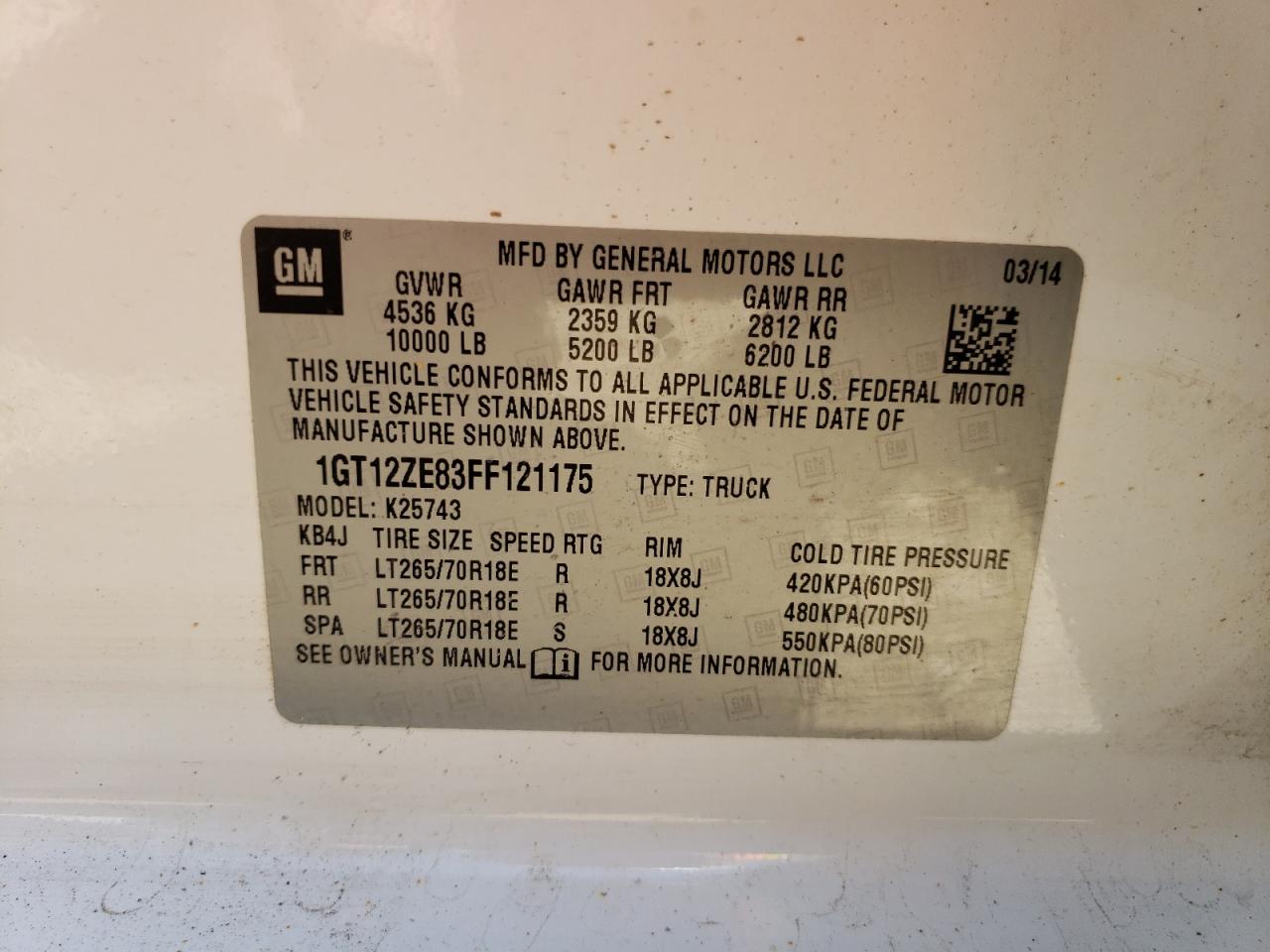 Photo 10 from auction – 2015 GMC SIERRA K25 with VIN 1GT12ZE83FF121175