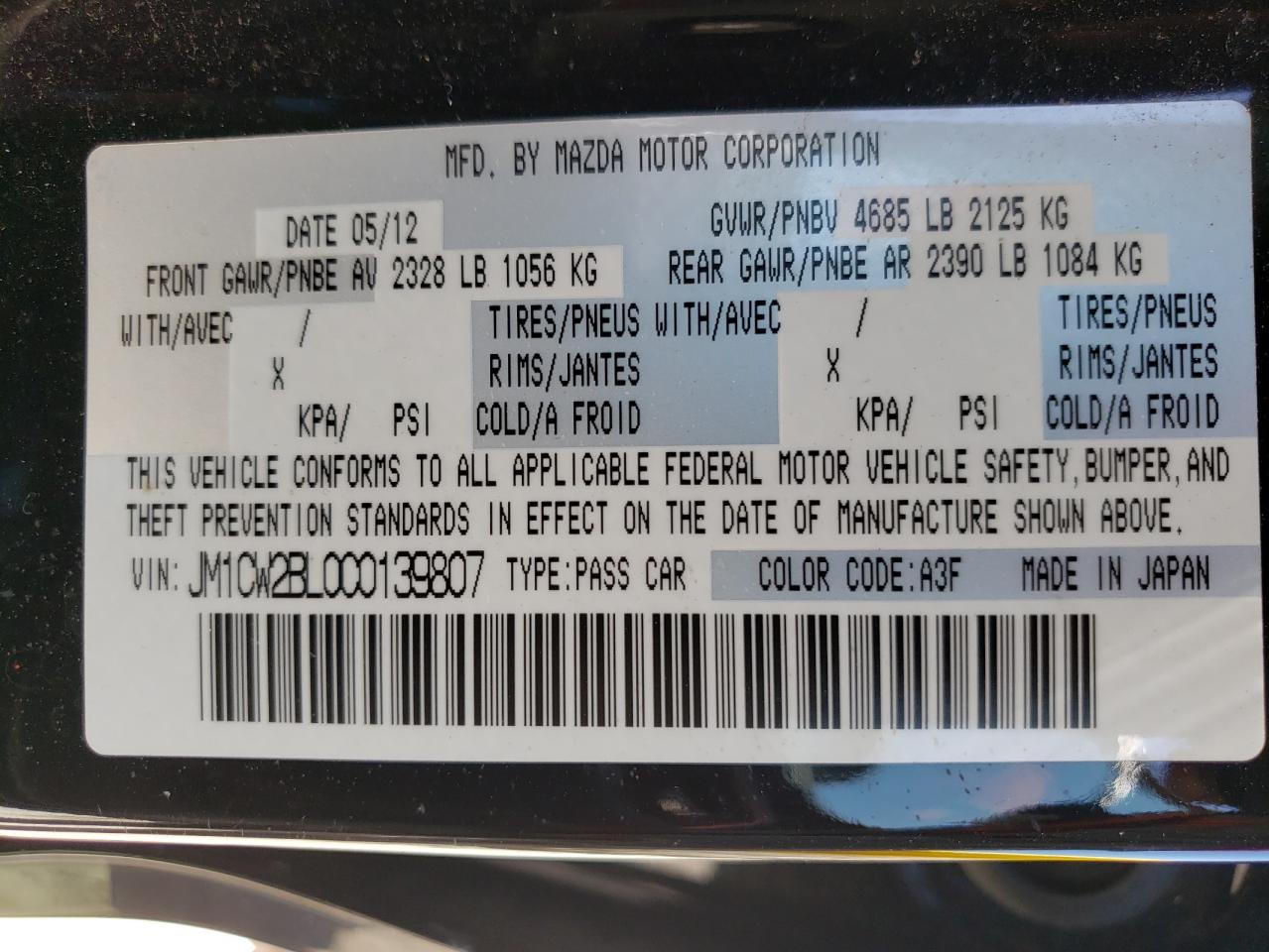 Photo 10 from auction – 2012 MAZDA 5 with VIN JM1CW2BL0C0139807