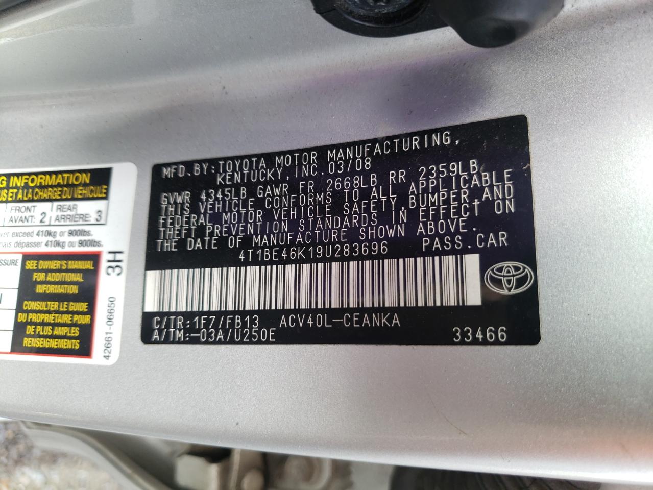 Photo 10 from auction – 2009 TOYOTA CAMRY BASE with VIN 4T1BE46K19U283696