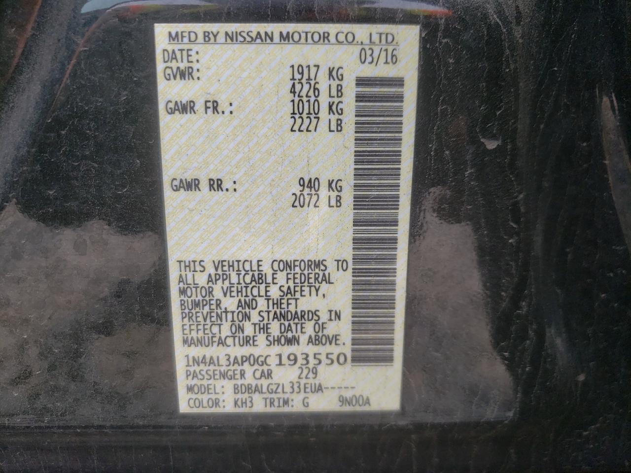 Photo 10 from auction – 2016 NISSAN ALTIMA 2.5 with VIN 1N4AL3AP0GC193550