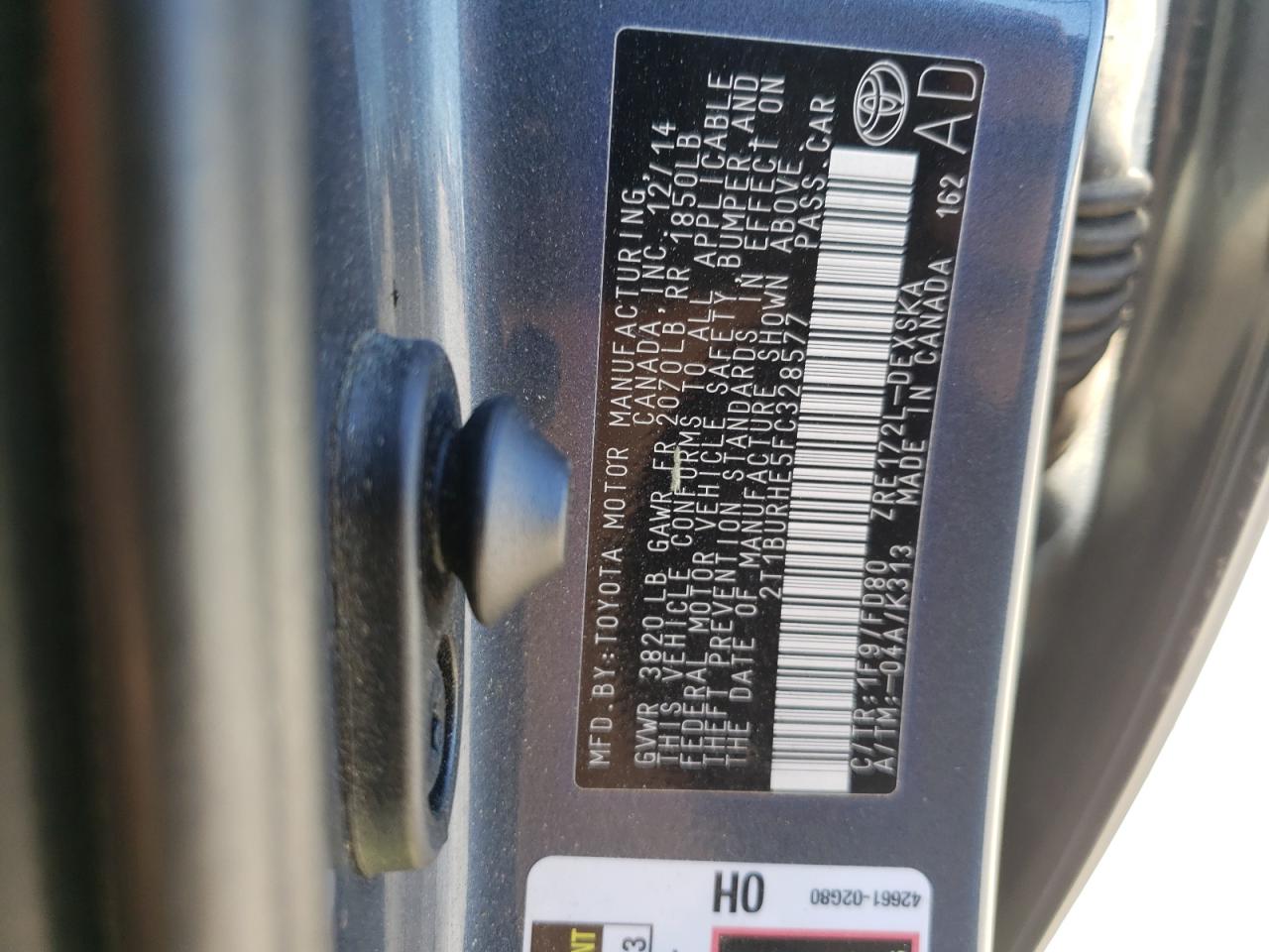 Photo 10 from auction – 2015 TOYOTA COROLLA L with VIN 2T1BURHE5FC328577