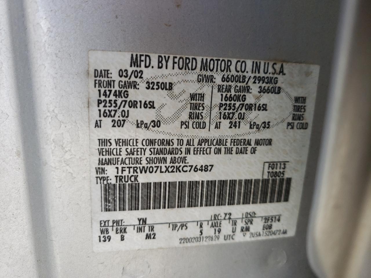Photo 10 from auction – 2002 FORD F150 SUPER with VIN 1FTRW07LX2KC76487