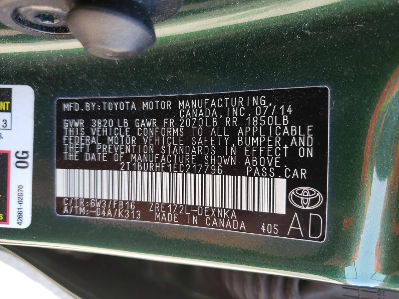 Photo 10 from auction – 2014 TOYOTA COROLLA L with VIN 2T1BURHE1EC217796