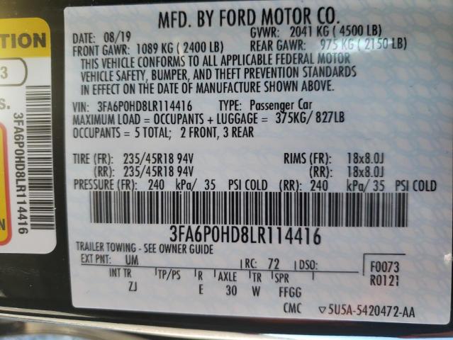 Photo 10 from auction – 2020 FORD FUSION SE with VIN 3FA6P0HD8LR114416