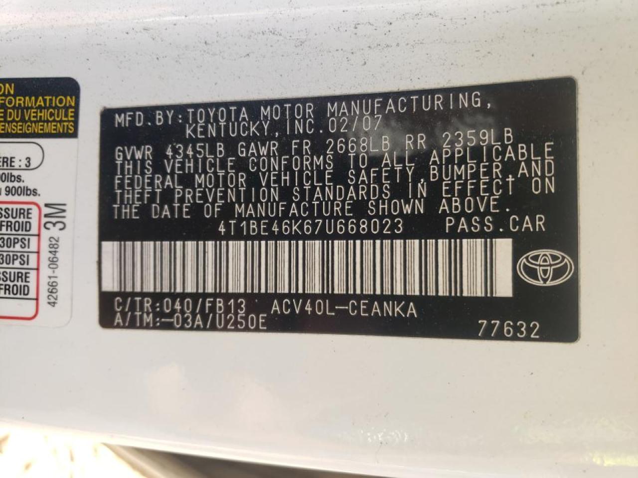 Photo 10 from auction – 2007 TOYOTA CAMRY CE with VIN 4T1BE46K67U668023
