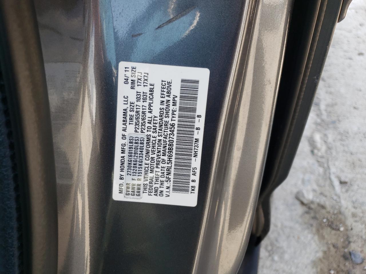 Photo 10 from auction – 2011 HONDA ODYSSEY EX with VIN 5FNRL5H69BB073456