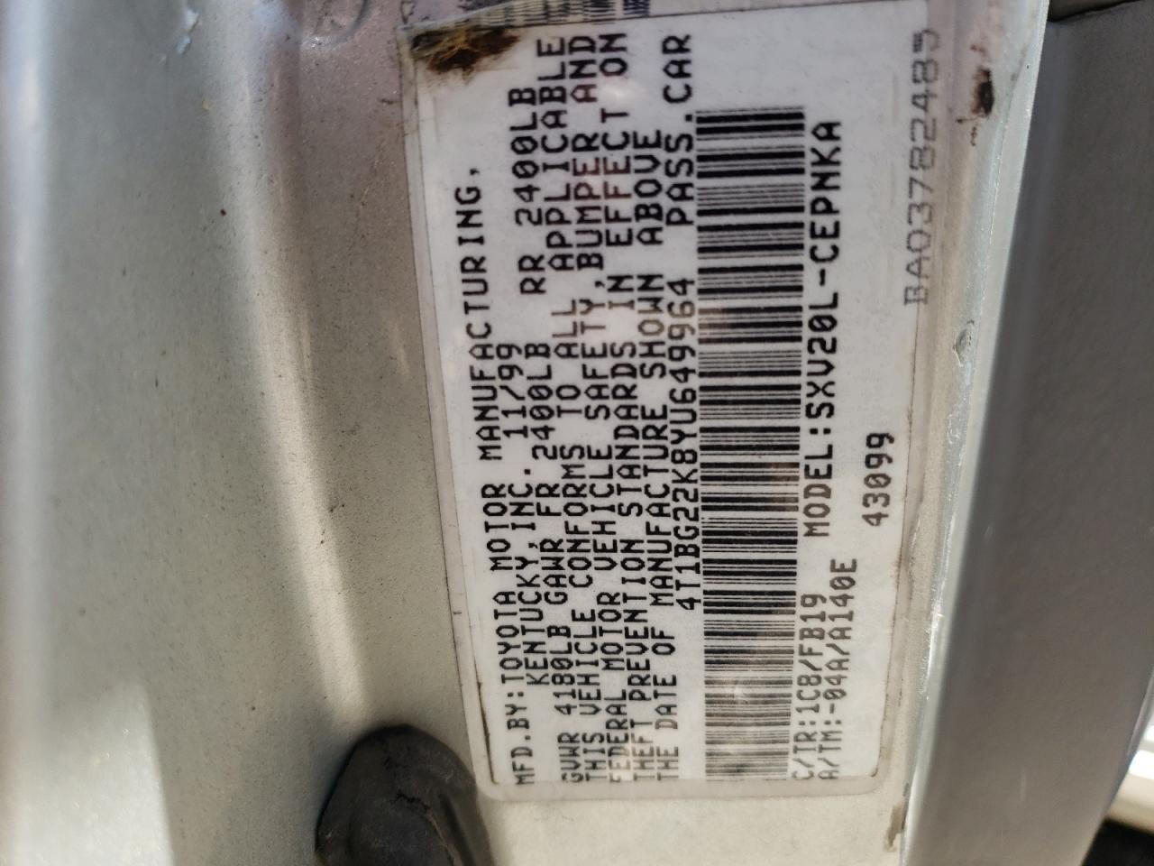 Photo 10 from auction – 2000 TOYOTA CAMRY CE with VIN 4T1BG22K8YU649964