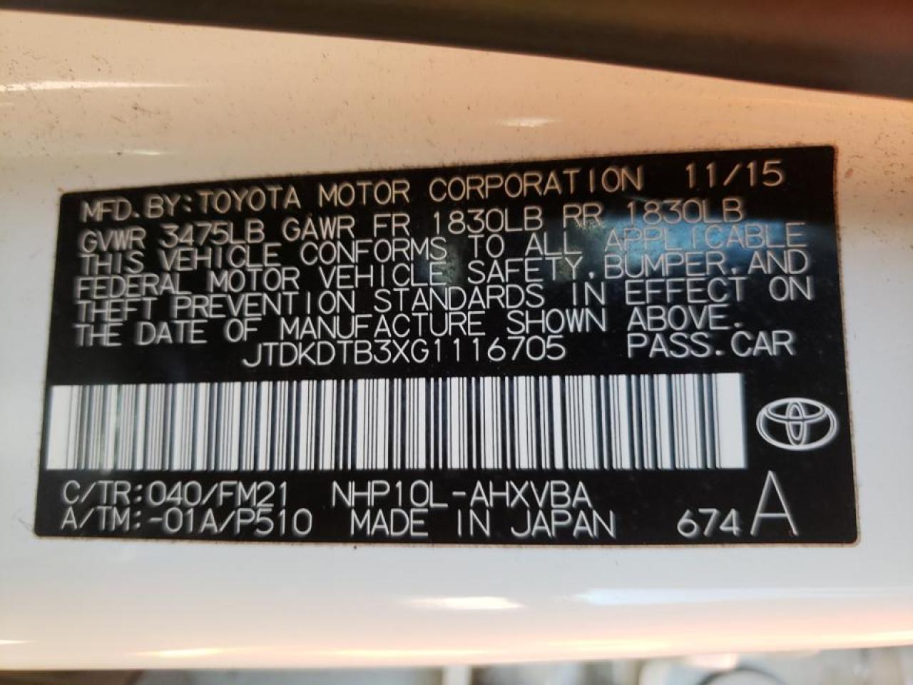 Photo 10 from auction – 2016 TOYOTA PRIUS C with VIN JTDKDTB3XG1116705