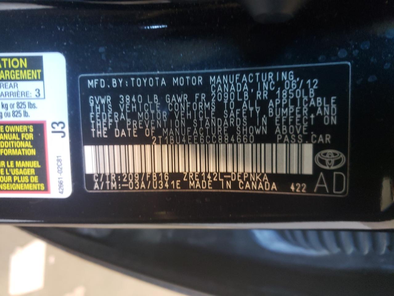 Photo 10 from auction – 2012 TOYOTA COROLLA BA with VIN 2T1BU4EE6CC884660