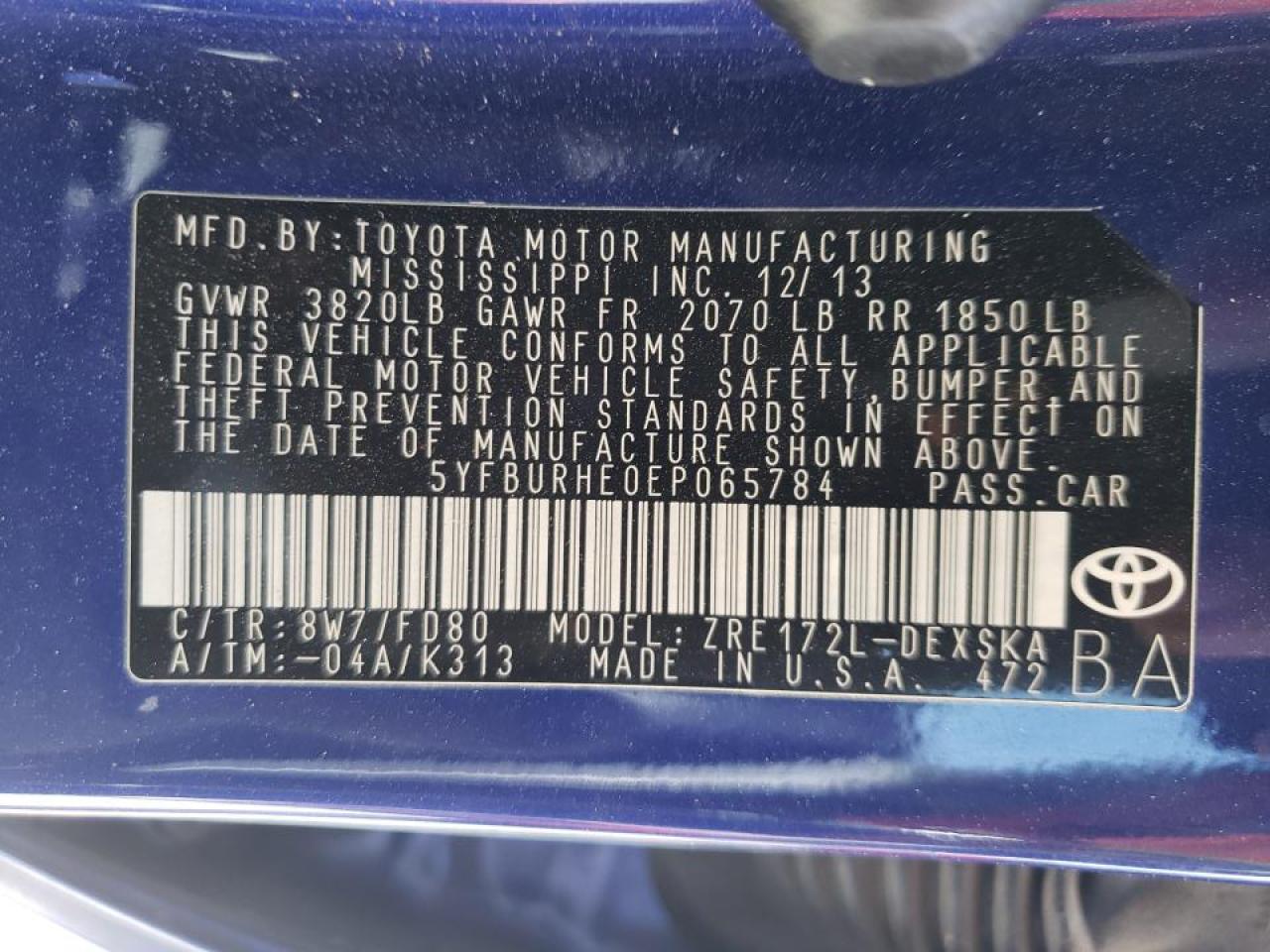 Photo 10 from auction – 2014 TOYOTA COROLLA L with VIN 5YFBURHE0EP065784