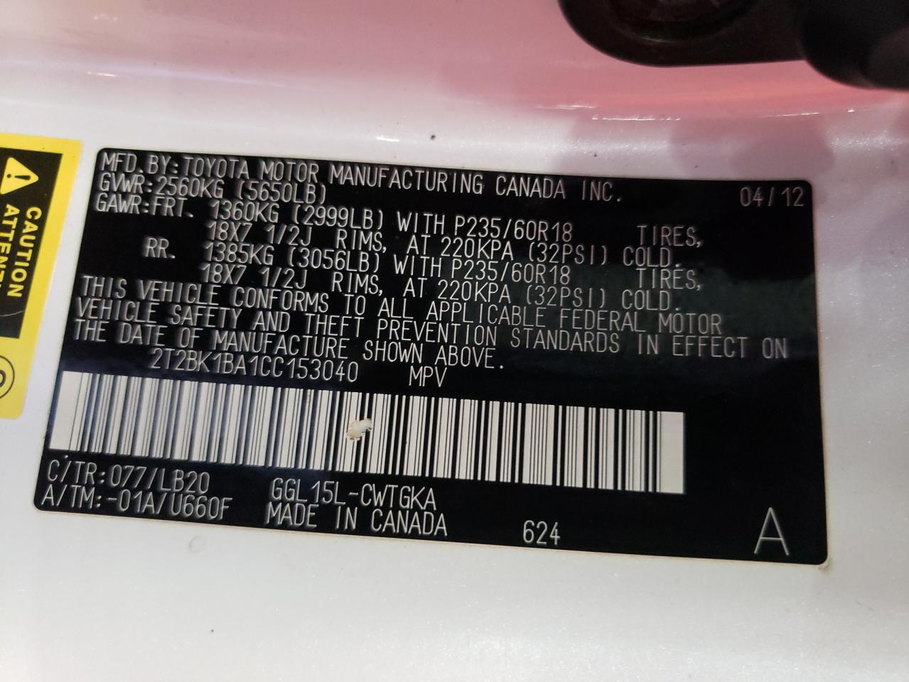 Photo 10 from auction – 2012 LEXUS RX 350 with VIN 2T2BK1BA1CC153040