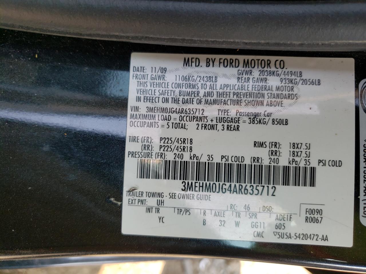 Photo 10 from auction – 2010 MERCURY MILAN PREM with VIN 3MEHM0JG4AR635712