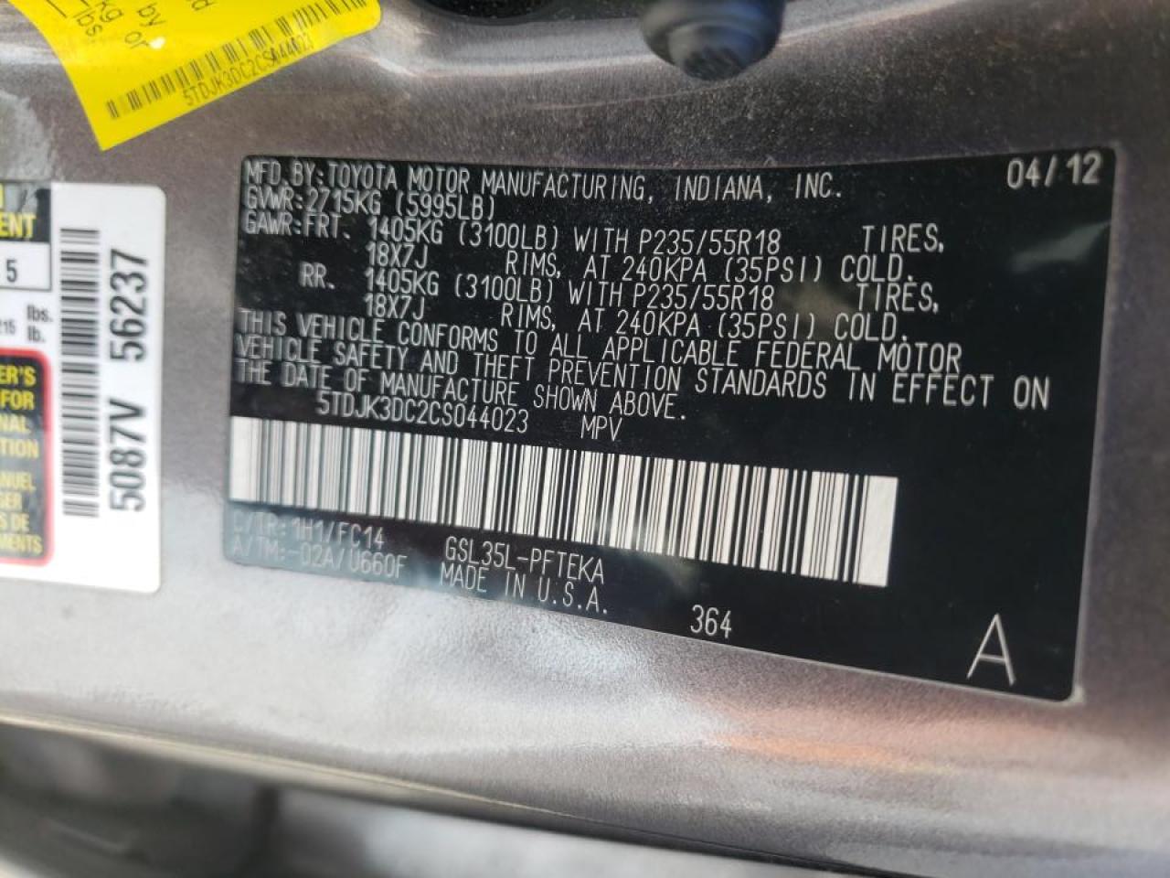 Photo 10 from auction – 2012 TOYOTA SIENNA LE with VIN 5TDJK3DC2CS044023