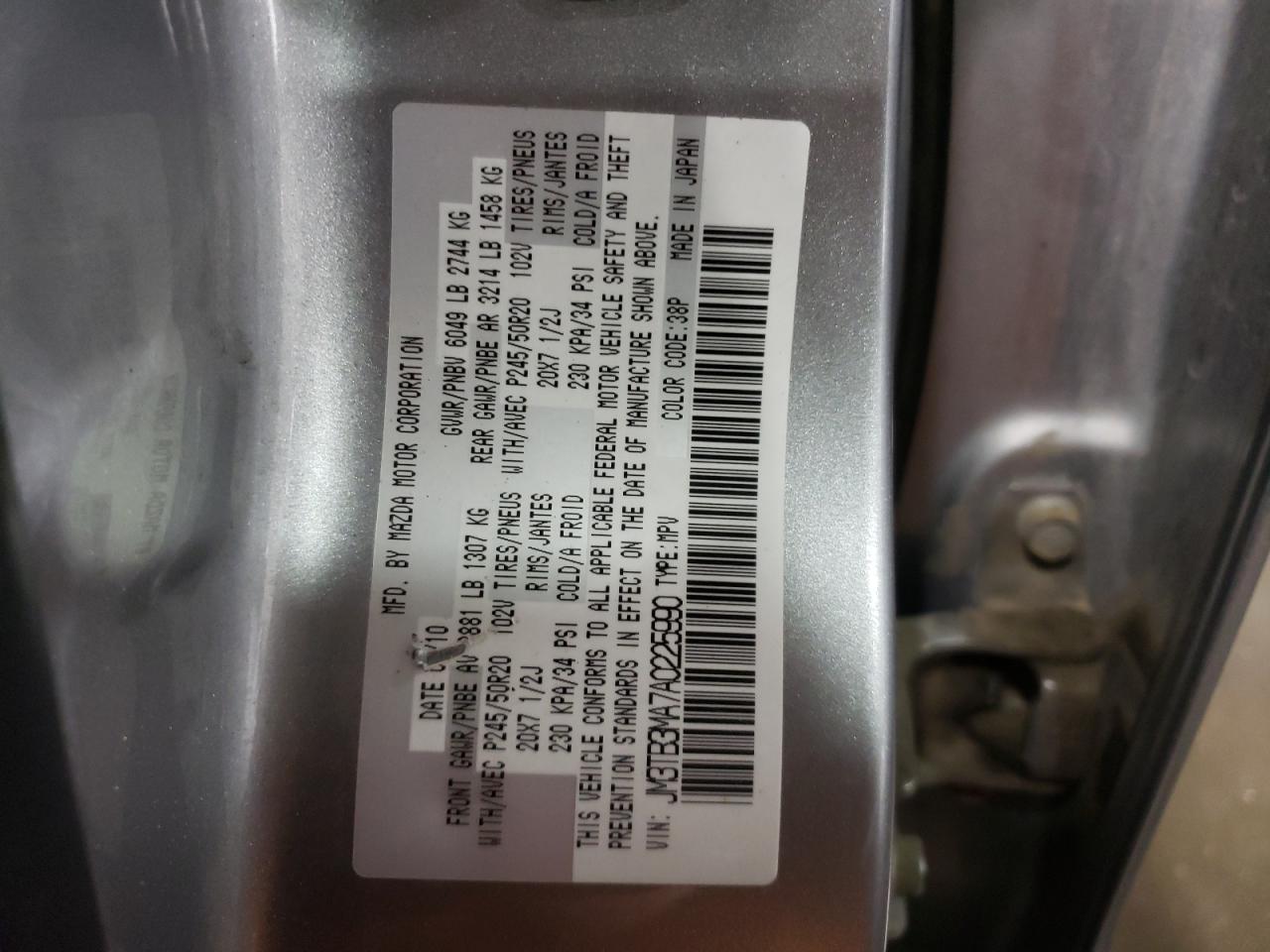 Photo 10 from auction – 2010 MAZDA CX-9 with VIN JM3TB3MA7A0225990
