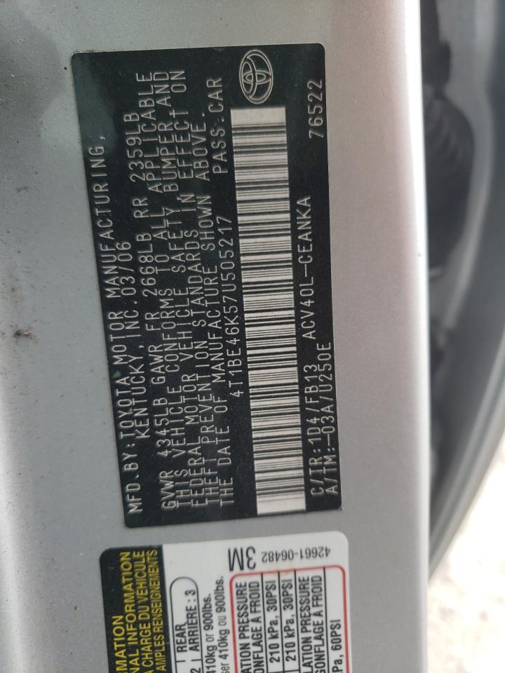 Photo 10 from auction – 2007 TOYOTA CAMRY CE with VIN 4T1BE46K57U505217