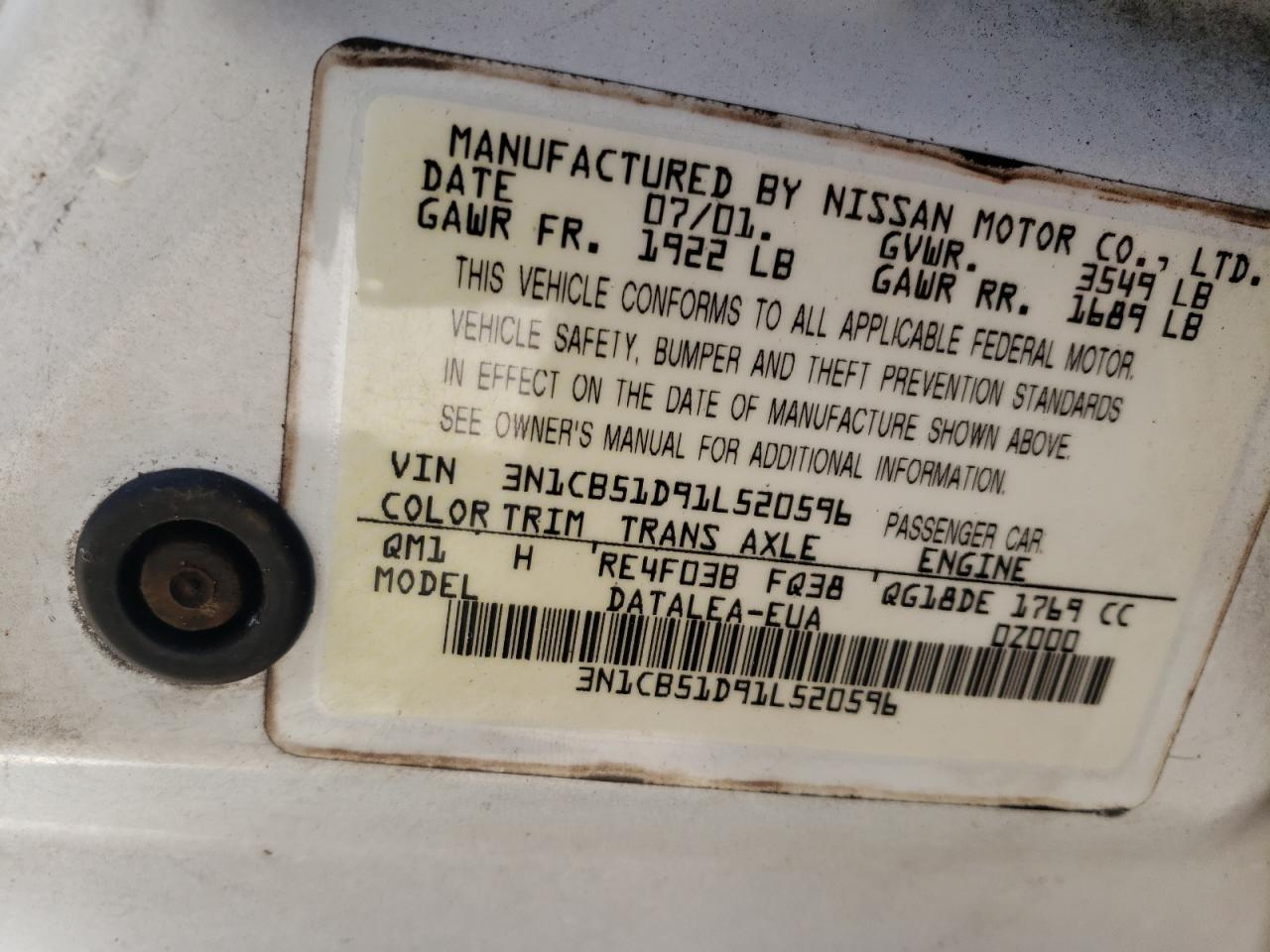 Photo 10 from auction – 2001 NISSAN SENTRA XE with VIN 3N1CB51D91L520596
