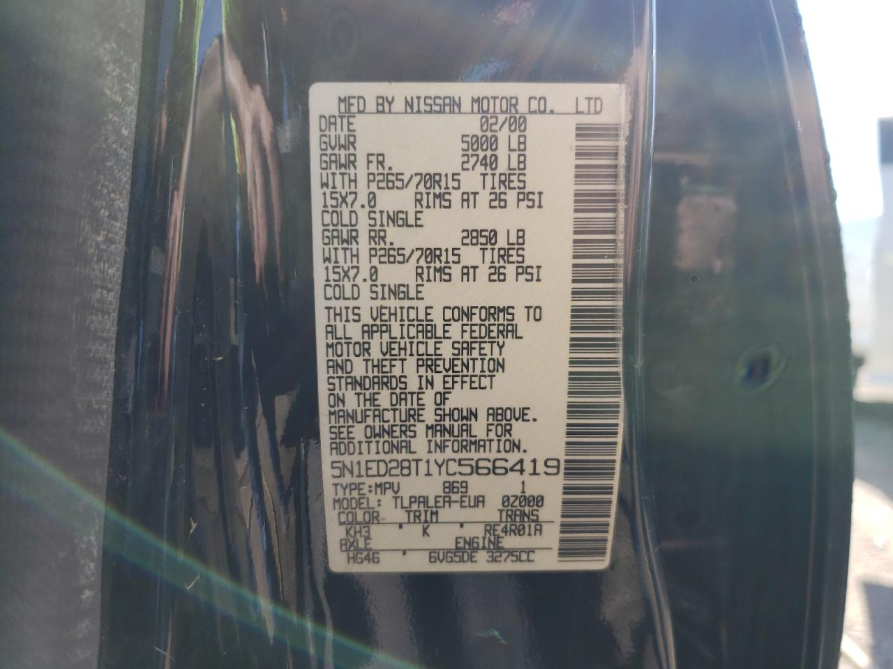 Photo 10 from auction – 2000 NISSAN EXTERRA with VIN 5N1ED28T1YC566419